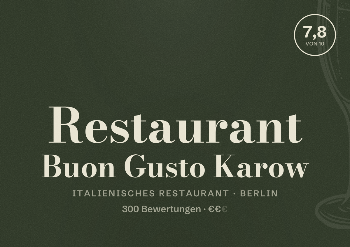 Illustriertes Poster von Restaurant Buon Gusto Karow, Italienisches Restaurant in Berlin: Bewertung 7,8 von 10 aus 300 Bewertungen, Preisniveau €€
