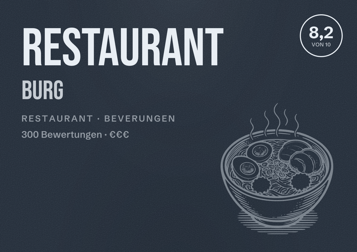 Illustriertes Poster von Restaurant Burg, Restaurant in Beverungen: Bewertung 8,2 von 10 aus 300 Bewertungen, Preisniveau €€€