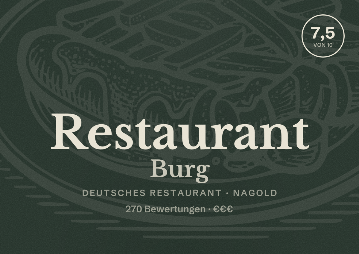 Illustriertes Poster von Restaurant Burg, Deutsches Restaurant in Nagold: Bewertung 7,5 von 10 aus 270 Bewertungen, Preisniveau €€€