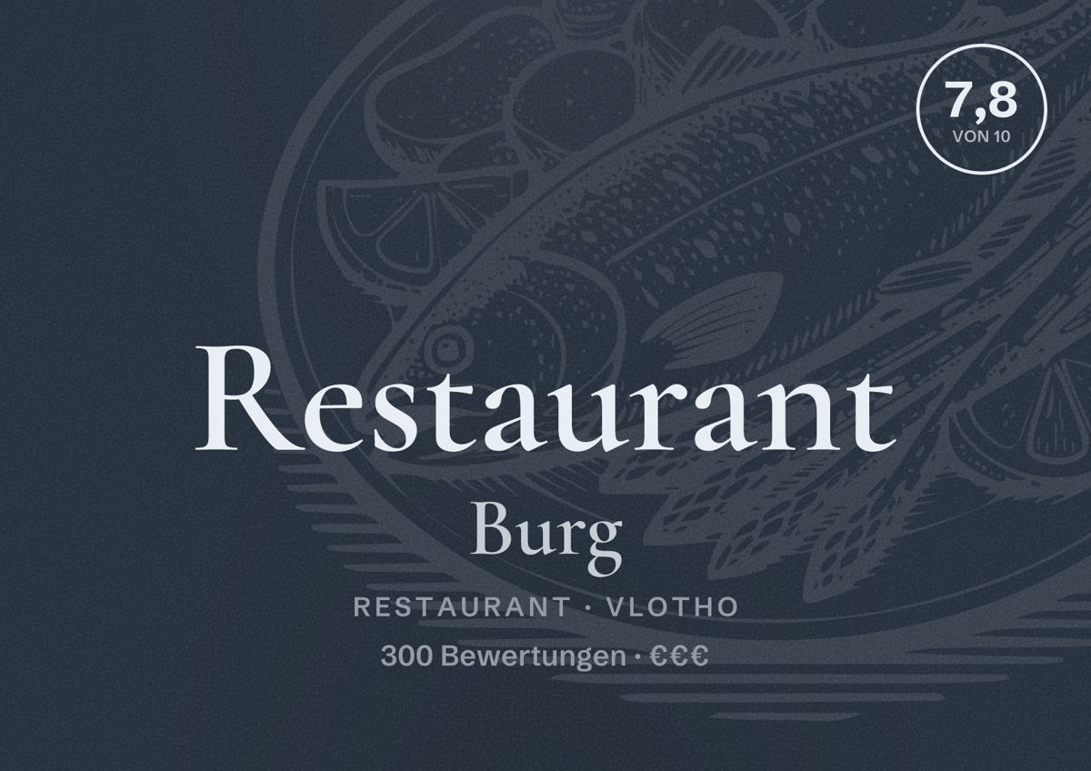 Illustriertes Poster von Restaurant Burg, Restaurant in Vlotho: Bewertung 7,8 von 10 aus 300 Bewertungen, Preisniveau €€€