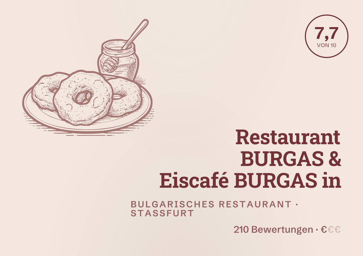 Illustriertes Poster von Restaurant BURGAS & Eiscafé BURGAS in, Bulgarisches Restaurant in Staßfurt: Bewertung 7,7 von 10 aus 210 Bewertungen, Preisniveau €