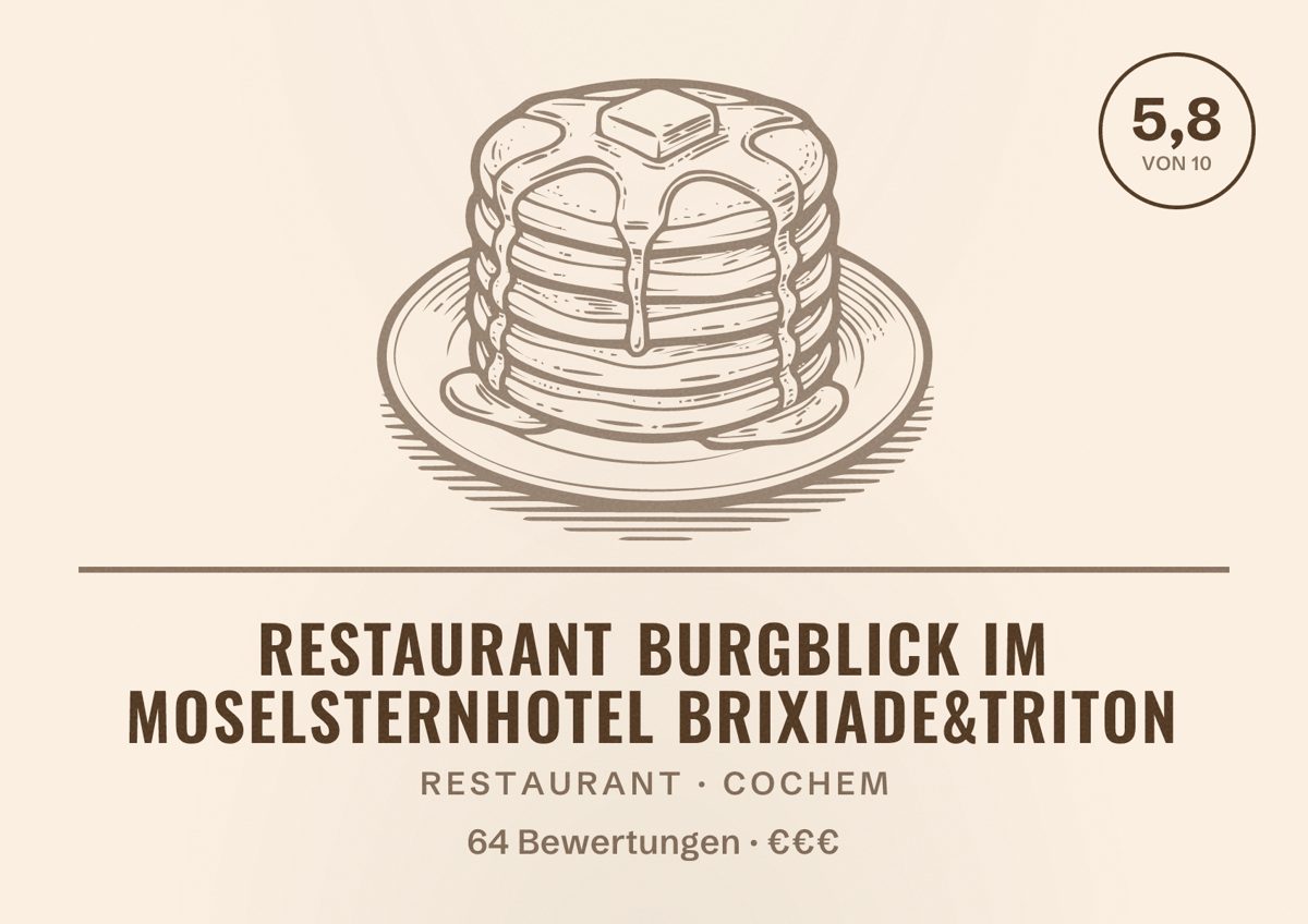 Illustriertes Poster von Restaurant Burgblick im Moselsternhotel Brixiade&Triton, Restaurant in Cochem: Bewertung 5,8 von 10 aus 64 Bewertungen, Preisniveau €€€