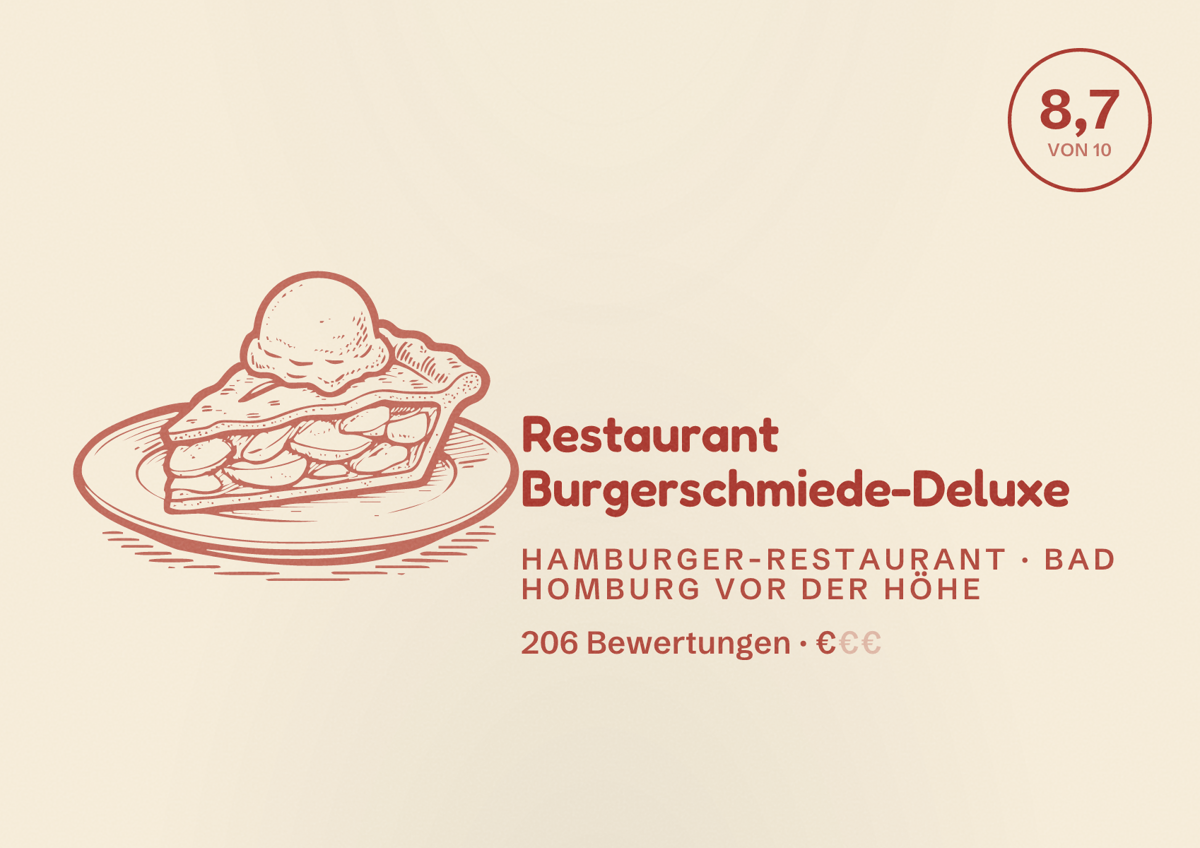 Illustriertes Poster von Restaurant Burgerschmiede-Deluxe, Hamburger-Restaurant in Bad Homburg vor der Höhe: Bewertung 8,7 von 10 aus 206 Bewertungen, Preisniveau €