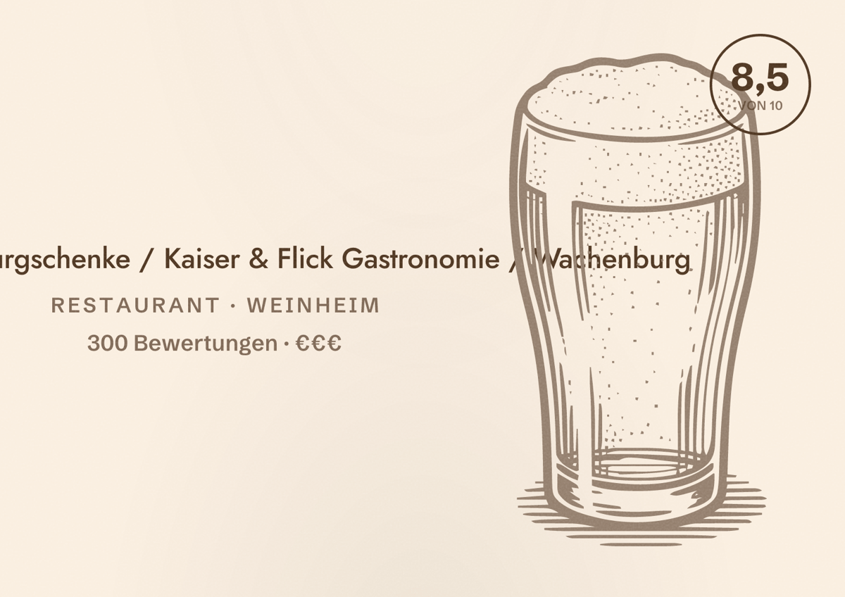 Illustriertes Poster von Restaurant Burgschenke / Kaiser & Flick Gastronomie / Wachenburg, Restaurant in Weinheim: Bewertung 8,5 von 10 aus 300 Bewertungen, Preisniveau €€€