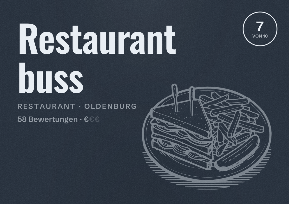 Illustriertes Poster von Restaurant buss, Restaurant in Oldenburg: Bewertung 7 von 10 aus 58 Bewertungen, Preisniveau €