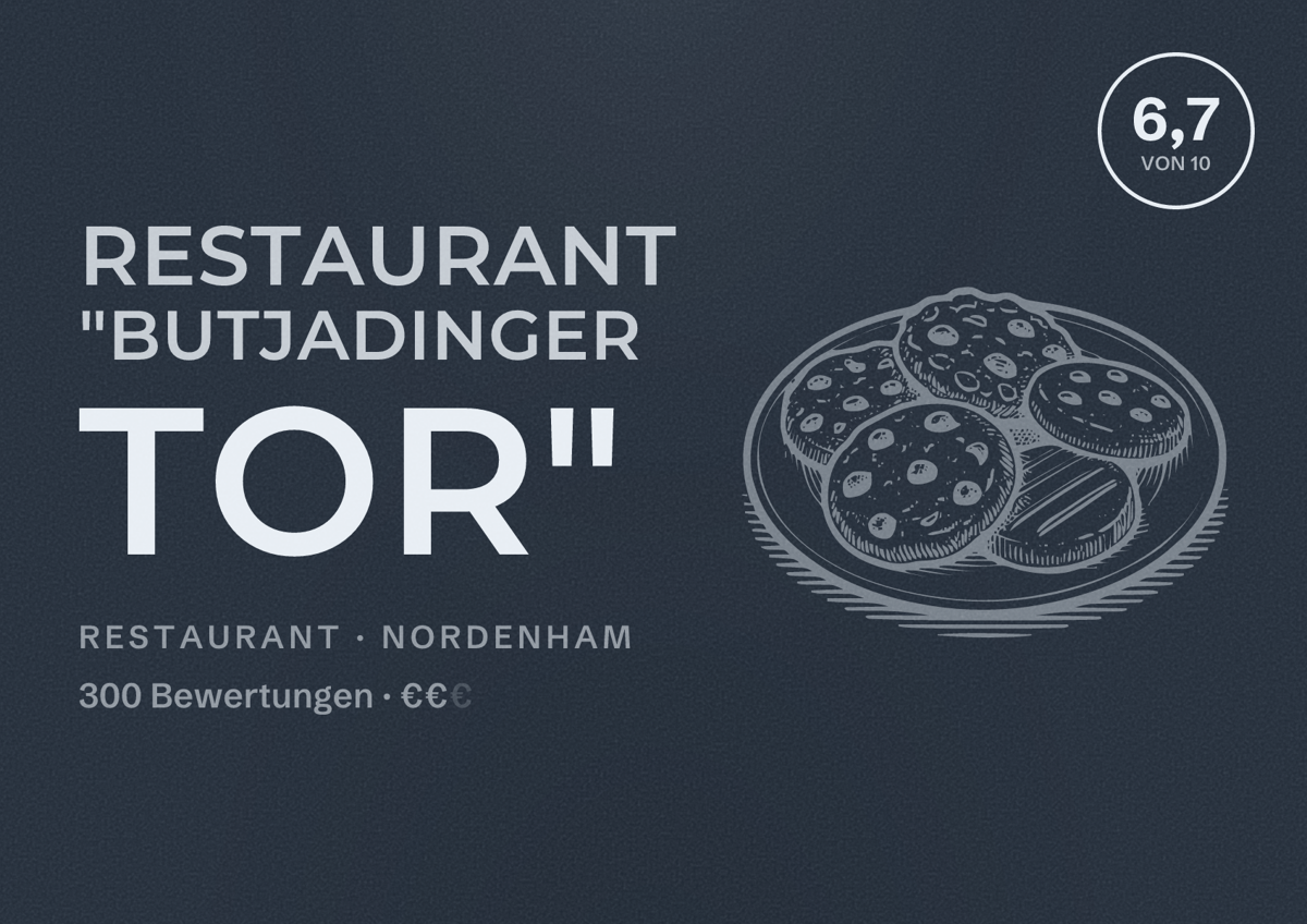Illustriertes Poster von Restaurant "Butjadinger Tor", Restaurant in Nordenham: Bewertung 6,7 von 10 aus 300 Bewertungen, Preisniveau €€