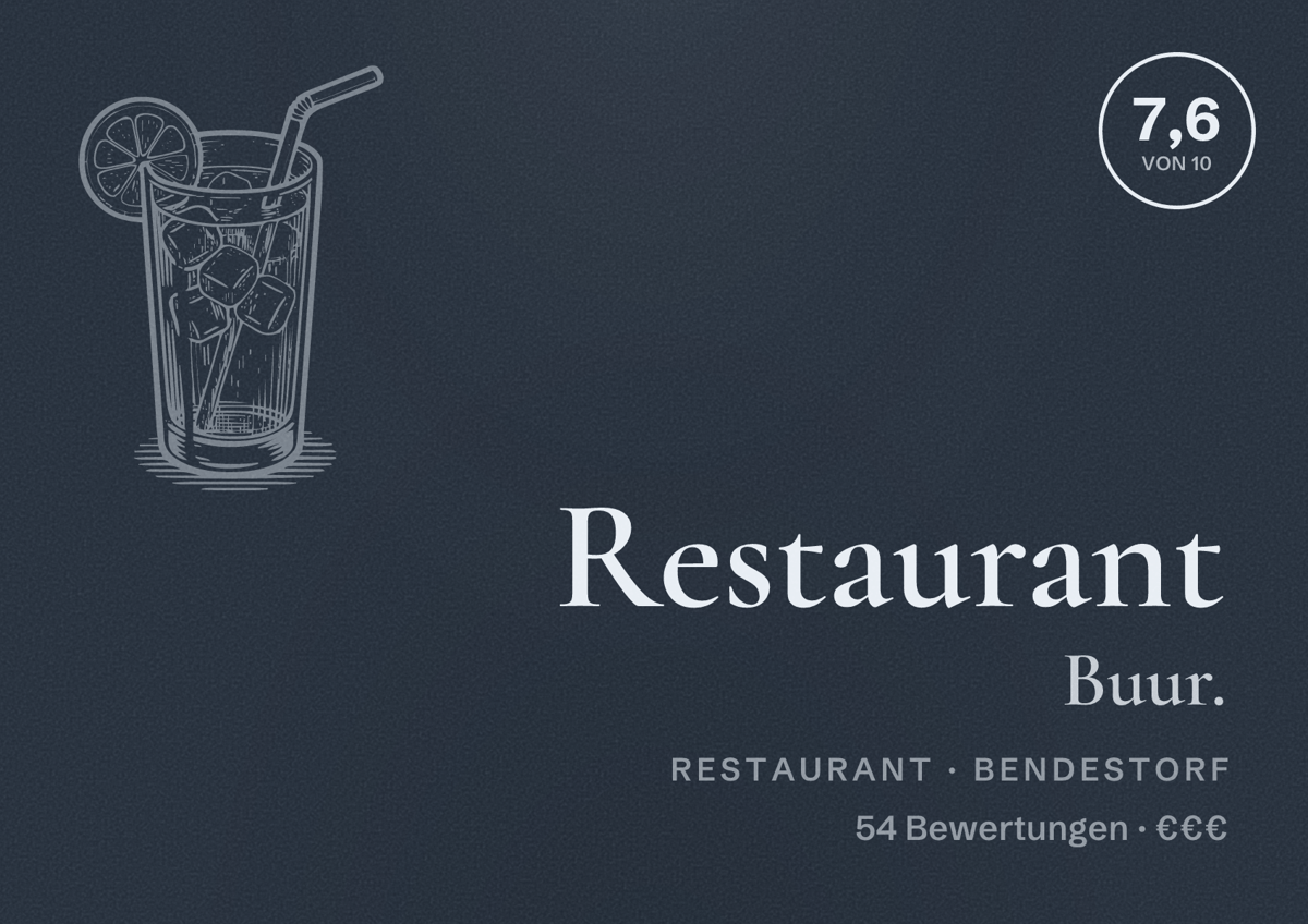 Illustriertes Poster von Restaurant Buur., Restaurant in Bendestorf: Bewertung 7,6 von 10 aus 54 Bewertungen, Preisniveau €€€