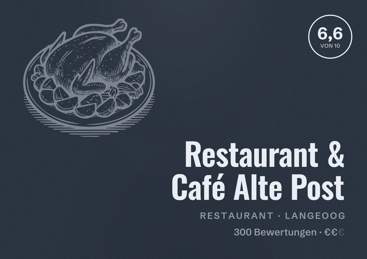 Illustriertes Poster von Restaurant & Café Alte Post, Restaurant in Langeoog: Bewertung 6,6 von 10 aus 300 Bewertungen, Preisniveau €€