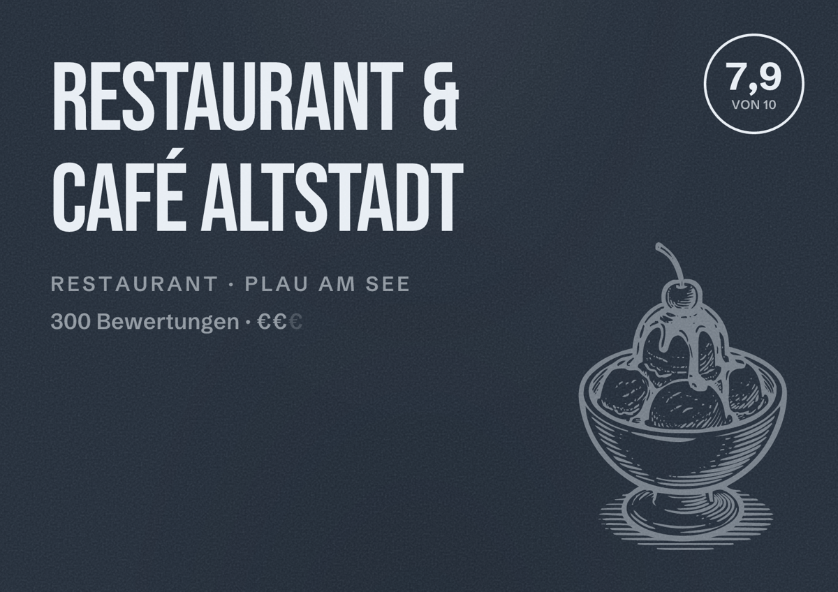 Illustriertes Poster von Restaurant & Café Altstadt, Restaurant in Plau am See: Bewertung 7,9 von 10 aus 300 Bewertungen, Preisniveau €€