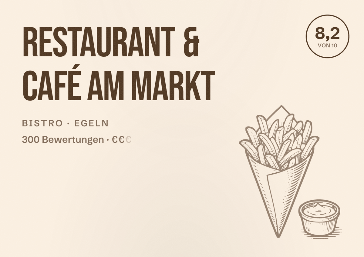 Illustriertes Poster von Restaurant & Café am Markt, Bistro in Egeln: Bewertung 8,2 von 10 aus 300 Bewertungen, Preisniveau €€