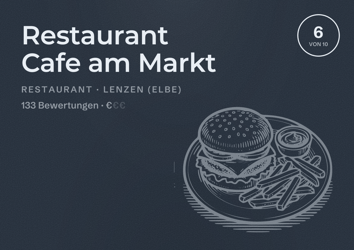 Illustriertes Poster von Restaurant Cafe am Markt, Restaurant in Lenzen (Elbe): Bewertung 6 von 10 aus 133 Bewertungen, Preisniveau €