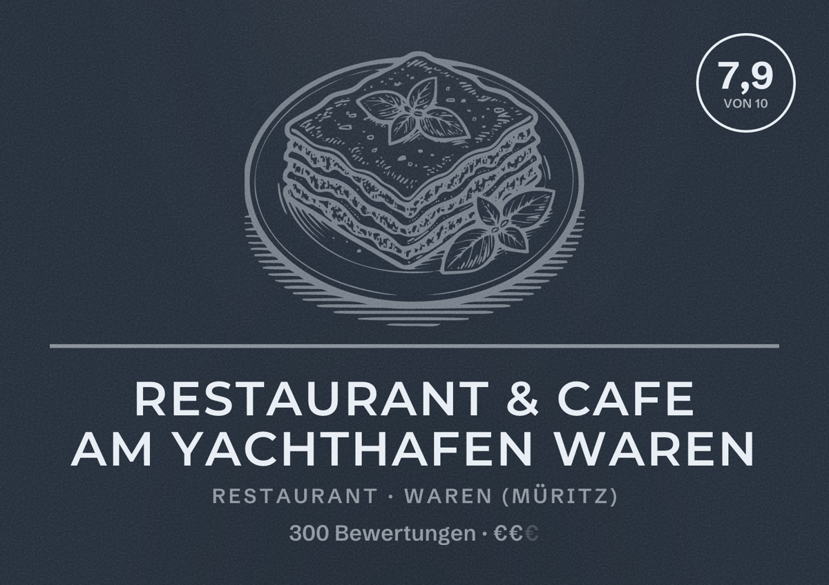 Illustriertes Poster von Restaurant & Cafe Am Yachthafen Waren, Restaurant in Waren (Müritz): Bewertung 7,9 von 10 aus 300 Bewertungen, Preisniveau €€