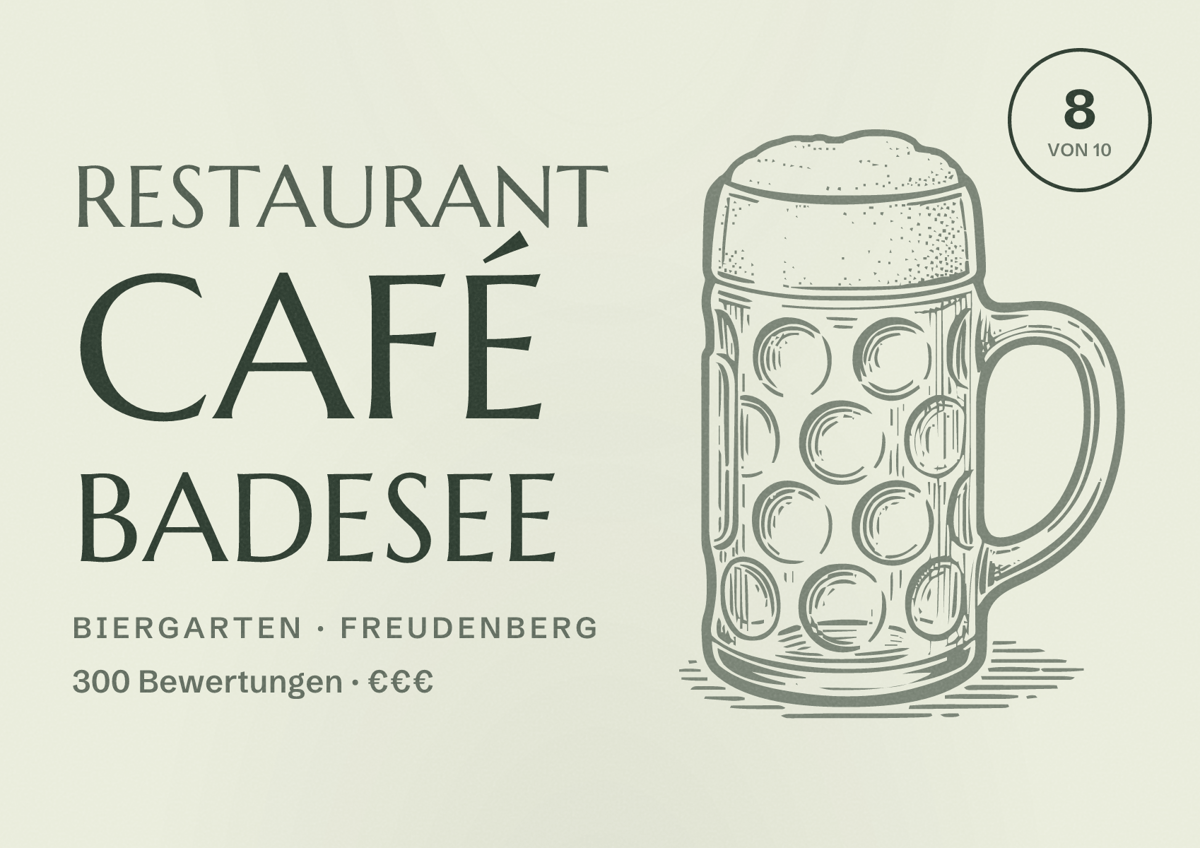 Illustriertes Poster von Restaurant Café Badesee, Biergarten in Freudenberg: Bewertung 8 von 10 aus 300 Bewertungen, Preisniveau €€€