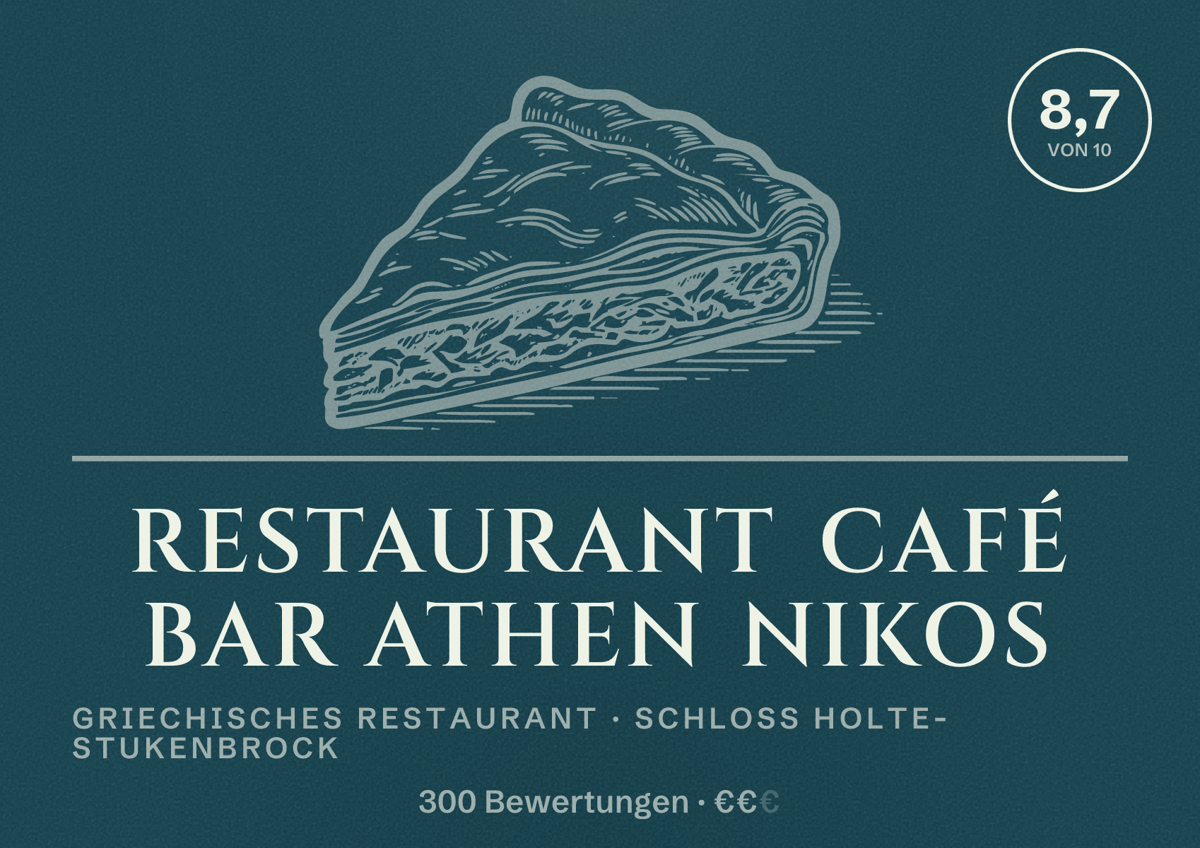 Illustriertes Poster von Restaurant Café Bar Athen Nikos, Griechisches Restaurant in Schloß Holte-Stukenbrock: Bewertung 8,7 von 10 aus 300 Bewertungen, Preisniveau €€