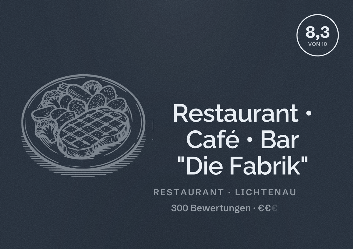 Illustriertes Poster von Restaurant • Café • Bar "Die Fabrik", Restaurant in Lichtenau: Bewertung 8,3 von 10 aus 300 Bewertungen, Preisniveau €€