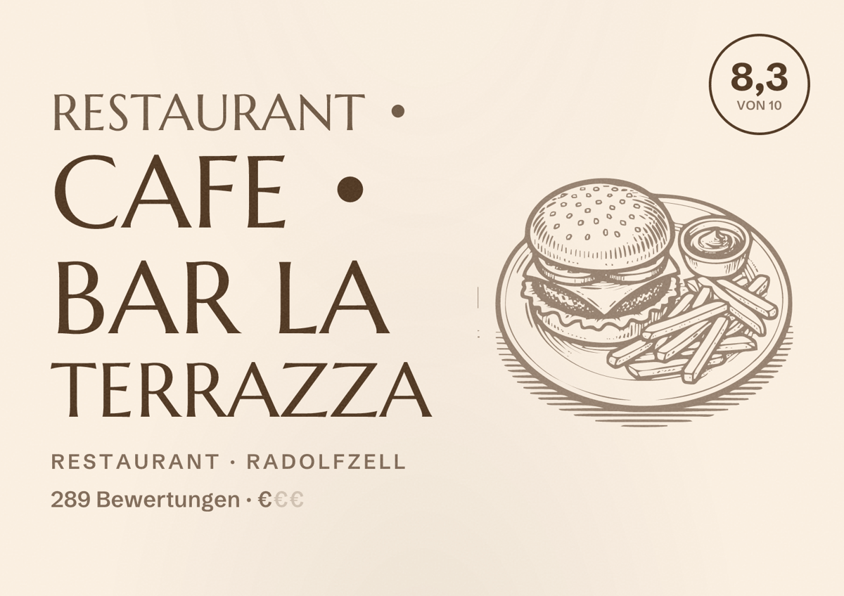 Illustriertes Poster von Restaurant • Cafe • Bar La Terrazza, Restaurant in Radolfzell: Bewertung 8,3 von 10 aus 289 Bewertungen, Preisniveau €