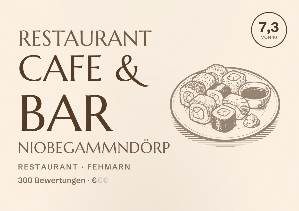 Illustriertes Poster von Restaurant Cafe & Bar NiobeGammndörp, Restaurant in Fehmarn: Bewertung 7,3 von 10 aus 300 Bewertungen, Preisniveau €