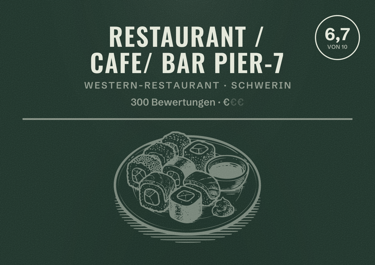 Illustriertes Poster von Restaurant / Cafe/ Bar Pier-7, Western-Restaurant in Schwerin: Bewertung 6,7 von 10 aus 300 Bewertungen, Preisniveau €