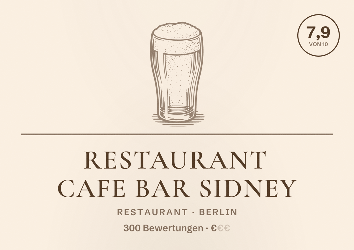 Illustriertes Poster von Restaurant Cafe Bar SIDNEY, Restaurant in Berlin: Bewertung 7,9 von 10 aus 300 Bewertungen, Preisniveau €