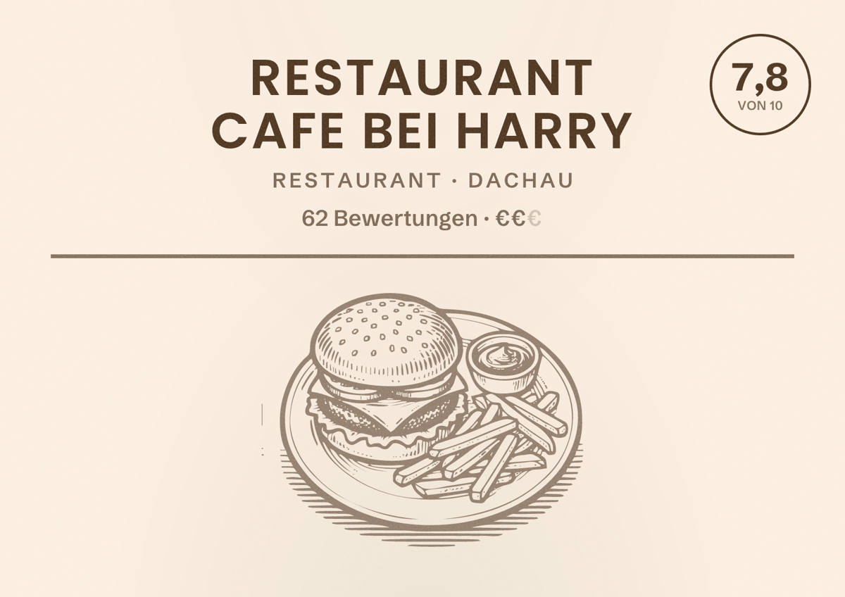 Illustriertes Poster von Restaurant Cafe bei Harry, Restaurant in Dachau: Bewertung 7,8 von 10 aus 62 Bewertungen, Preisniveau €€