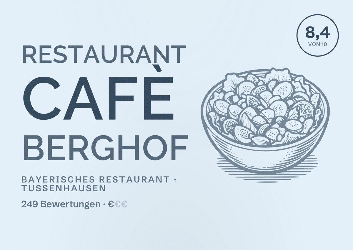 Illustriertes Poster von Restaurant Cafè Berghof, Bayerisches Restaurant in Tussenhausen: Bewertung 8,4 von 10 aus 249 Bewertungen, Preisniveau €