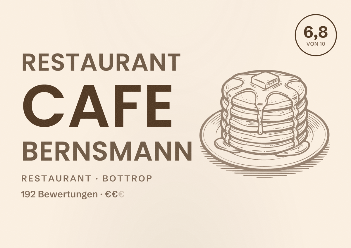 Illustriertes Poster von Restaurant Cafe Bernsmann, Restaurant in Bottrop: Bewertung 6,8 von 10 aus 192 Bewertungen, Preisniveau €€