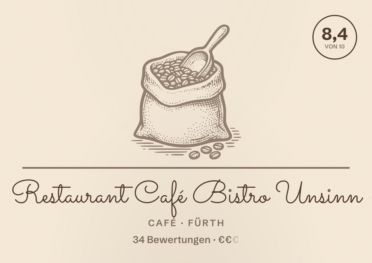 Illustriertes Poster von Restaurant Café Bistro Unsinn, Café in Fürth: Bewertung 8,4 von 10 aus 34 Bewertungen, Preisniveau €€
