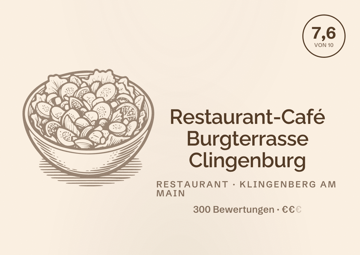 Illustriertes Poster von Restaurant-Café Burgterrasse Clingenburg, Restaurant in Klingenberg am Main: Bewertung 7,6 von 10 aus 300 Bewertungen, Preisniveau €€