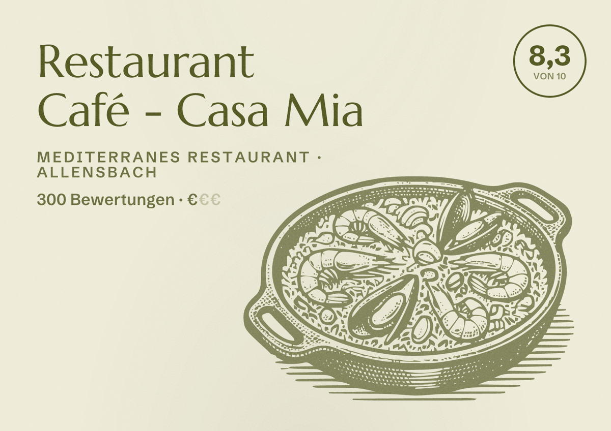 Illustriertes Poster von Restaurant Café - Casa Mia, Mediterranes Restaurant in Allensbach: Bewertung 8,3 von 10 aus 300 Bewertungen, Preisniveau €