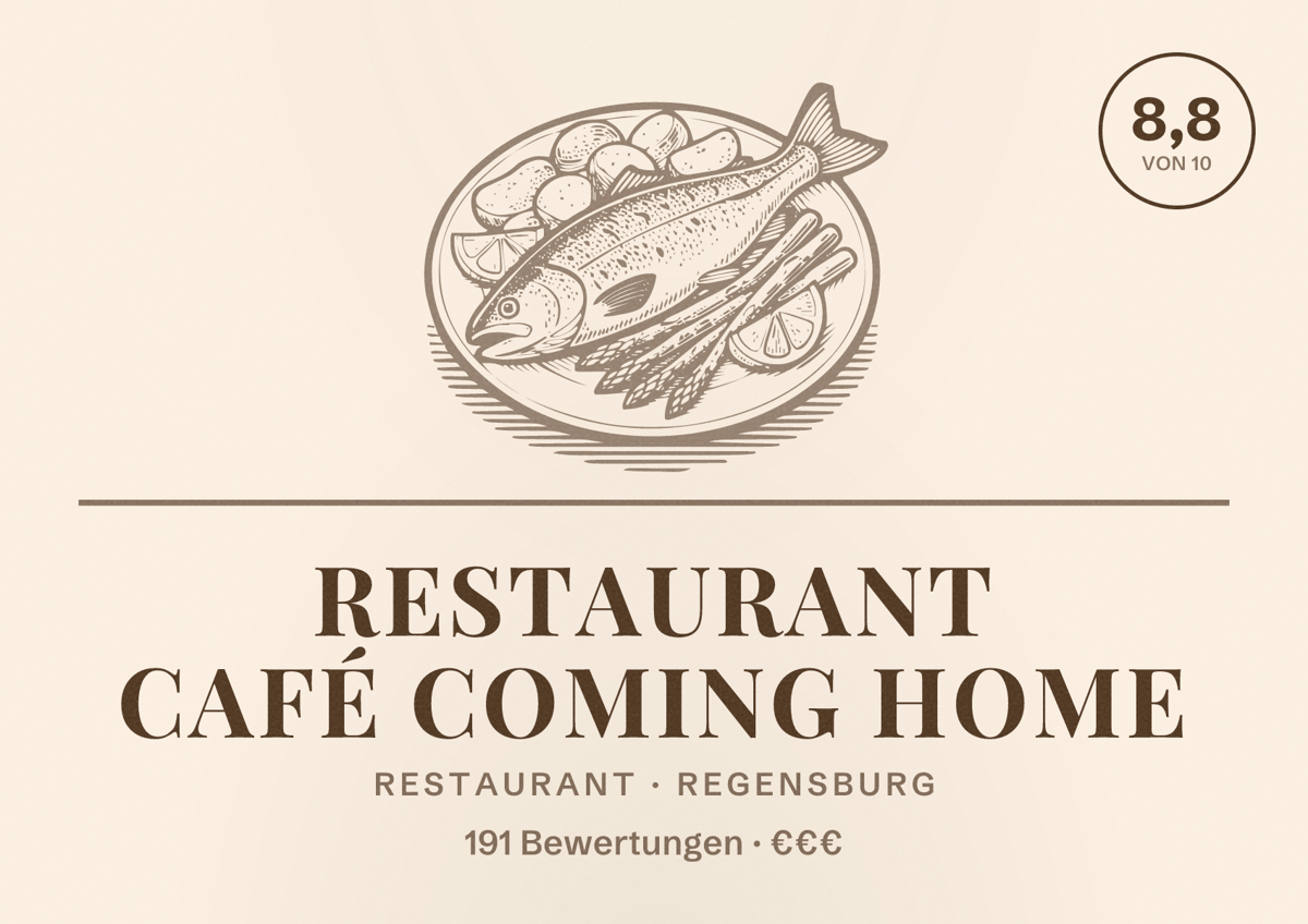 Illustriertes Poster von Restaurant Café Coming Home, Restaurant in Regensburg: Bewertung 8,8 von 10 aus 191 Bewertungen, Preisniveau €€€