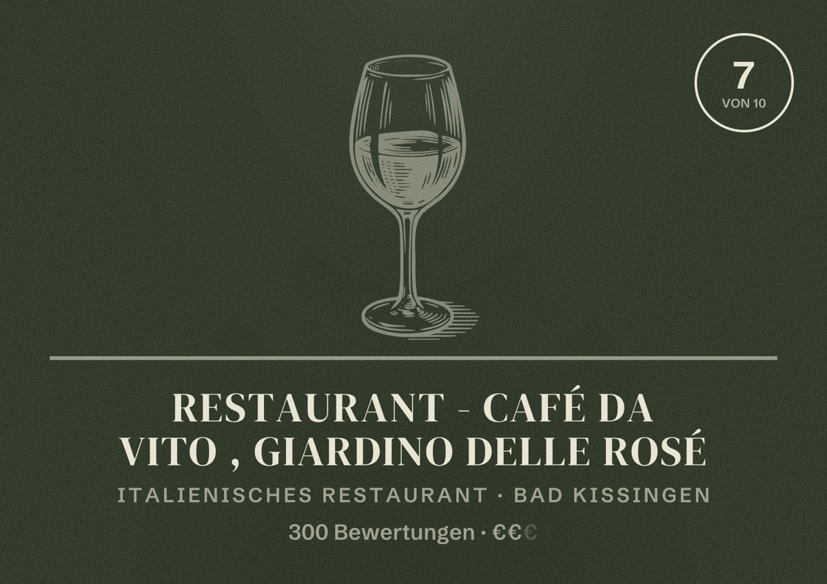 Illustriertes Poster von Restaurant - Café da Vito , giardino delle Rosé, Italienisches Restaurant in Bad Kissingen: Bewertung 7 von 10 aus 300 Bewertungen, Preisniveau €€