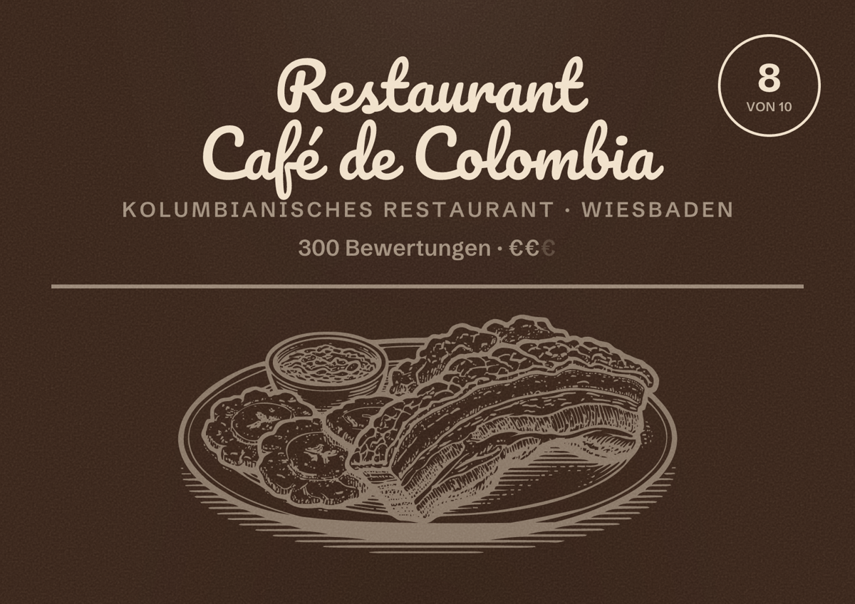 Illustriertes Poster von Restaurant Café de Colombia, Kolumbianisches Restaurant in Wiesbaden: Bewertung 8,0 von 10 aus 300 Bewertungen, Preisniveau €€