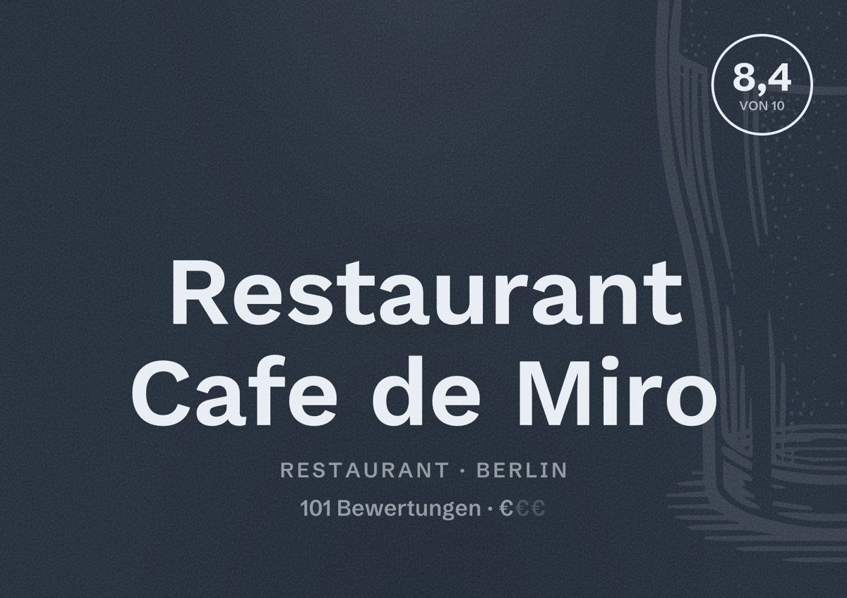 Illustriertes Poster von Restaurant Cafe de Miro, Restaurant in Berlin: Bewertung 8,4 von 10 aus 101 Bewertungen, Preisniveau €