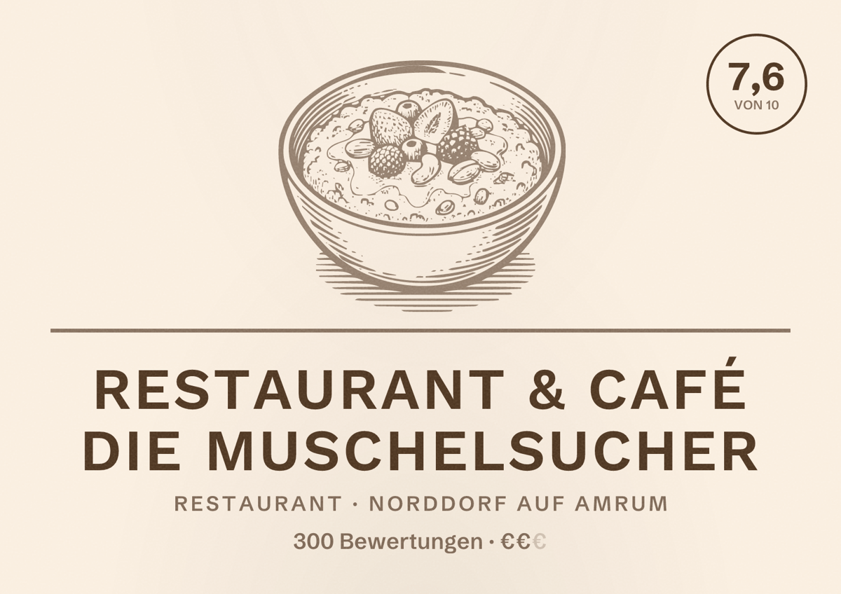 Illustriertes Poster von Restaurant & Café Die Muschelsucher, Restaurant in Norddorf auf Amrum: Bewertung 7,6 von 10 aus 300 Bewertungen, Preisniveau €€