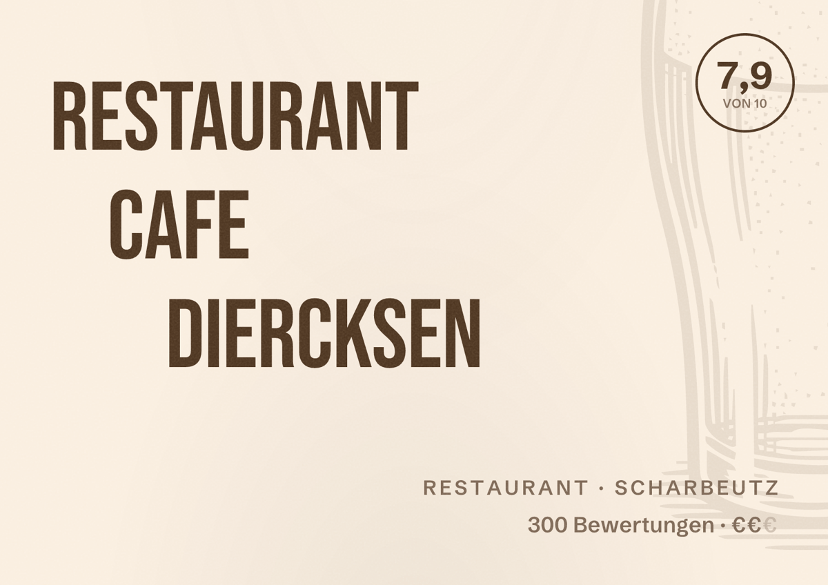 Illustriertes Poster von Restaurant Cafe Diercksen, Restaurant in Scharbeutz: Bewertung 7,9 von 10 aus 300 Bewertungen, Preisniveau €€