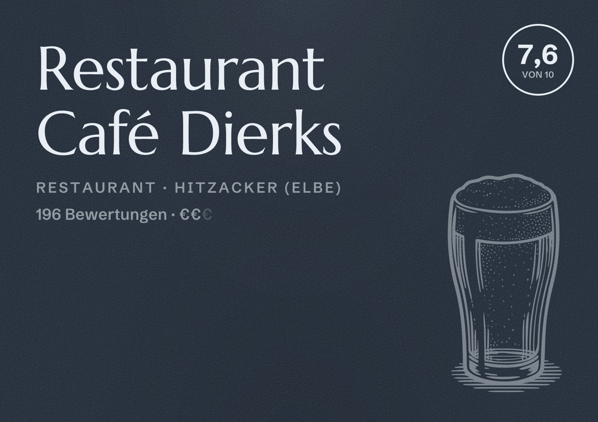 Illustriertes Poster von Restaurant Café Dierks, Restaurant in Hitzacker (Elbe): Bewertung 7,6 von 10 aus 196 Bewertungen, Preisniveau €€