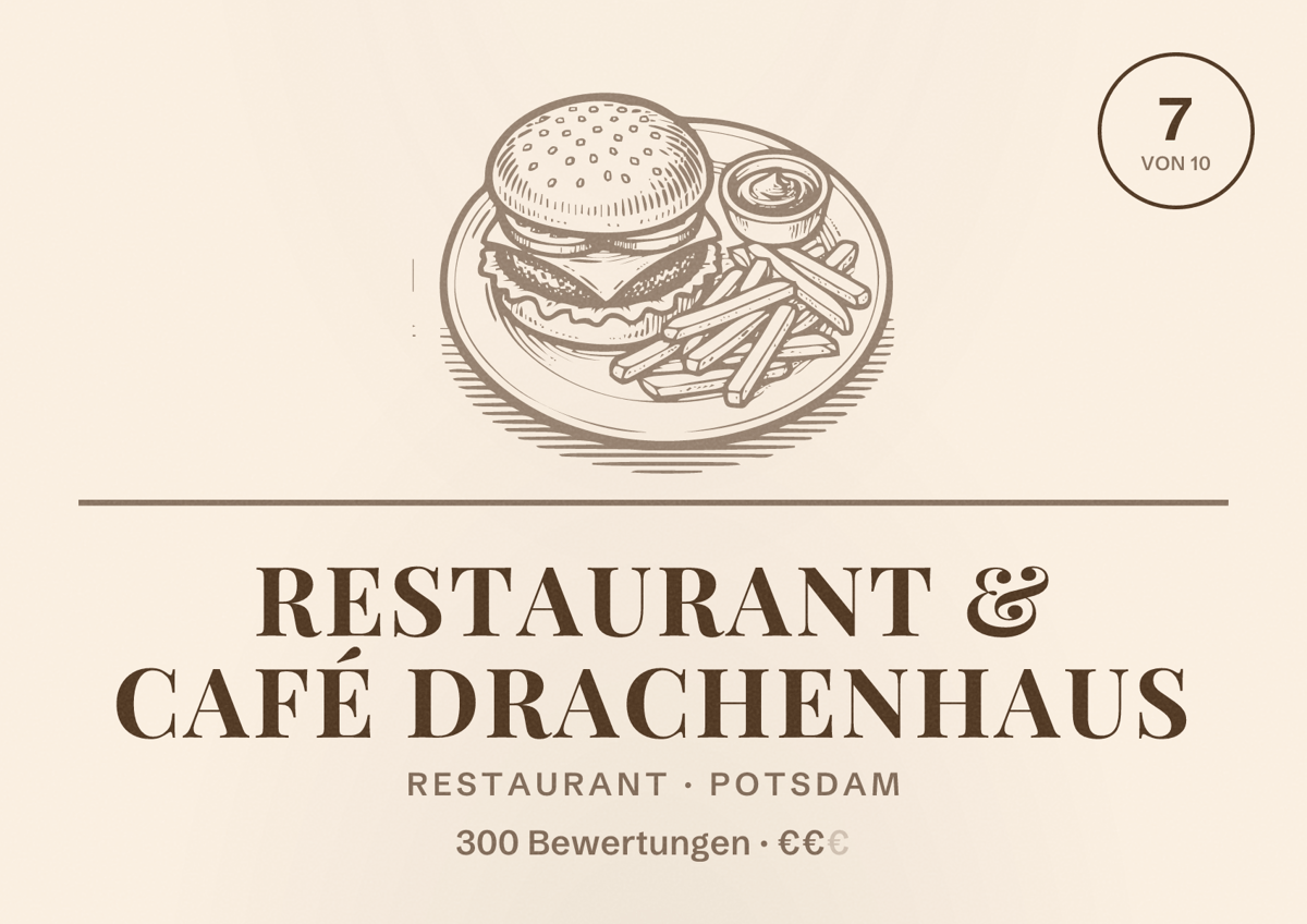 Illustriertes Poster von Restaurant & Café Drachenhaus, Restaurant in Potsdam: Bewertung 7 von 10 aus 300 Bewertungen, Preisniveau €€
