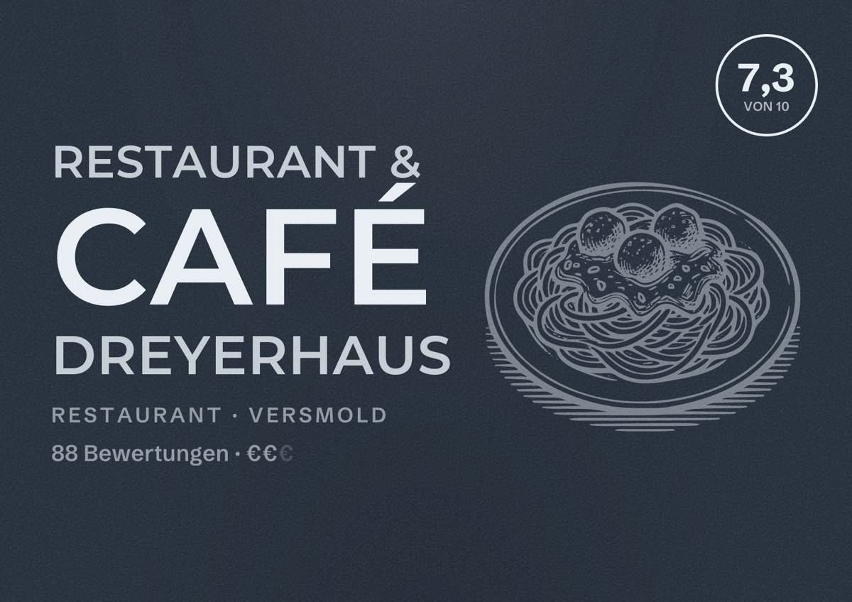 Illustriertes Poster von Restaurant & Café Dreyerhaus, Restaurant in Versmold: Bewertung 7,3 von 10 aus 88 Bewertungen, Preisniveau €€