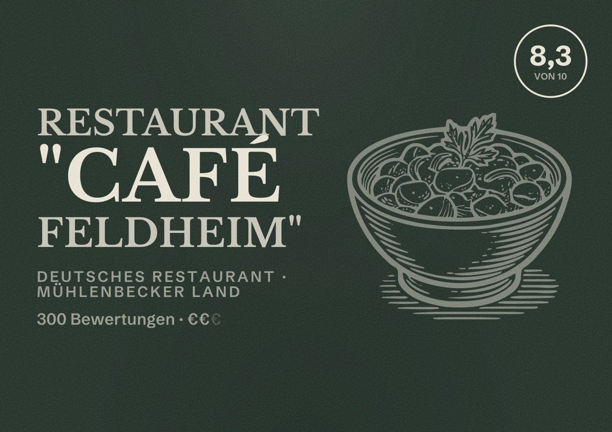 Illustriertes Poster von Restaurant "Café Feldheim", Deutsches Restaurant in Mühlenbecker Land: Bewertung 8,3 von 10 aus 300 Bewertungen, Preisniveau €€