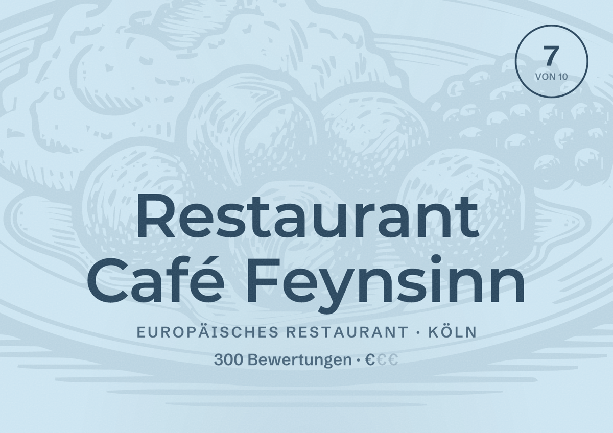 Illustriertes Poster von Restaurant Café Feynsinn, Europäisches Restaurant in Köln: Bewertung 7,0 von 10 aus 300 Bewertungen, Preisniveau €