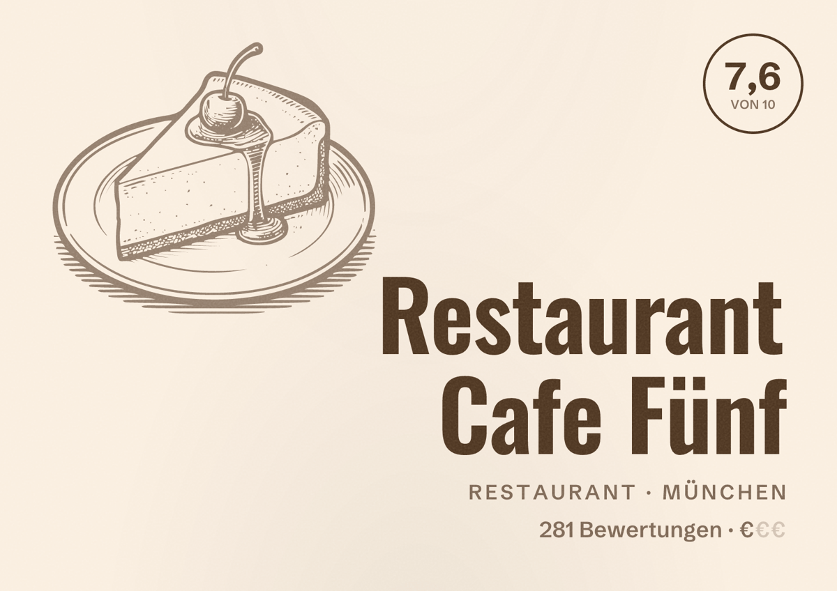 Illustriertes Poster von Restaurant Cafe Fünf, Restaurant in München: Bewertung 7,6 von 10 aus 281 Bewertungen, Preisniveau €