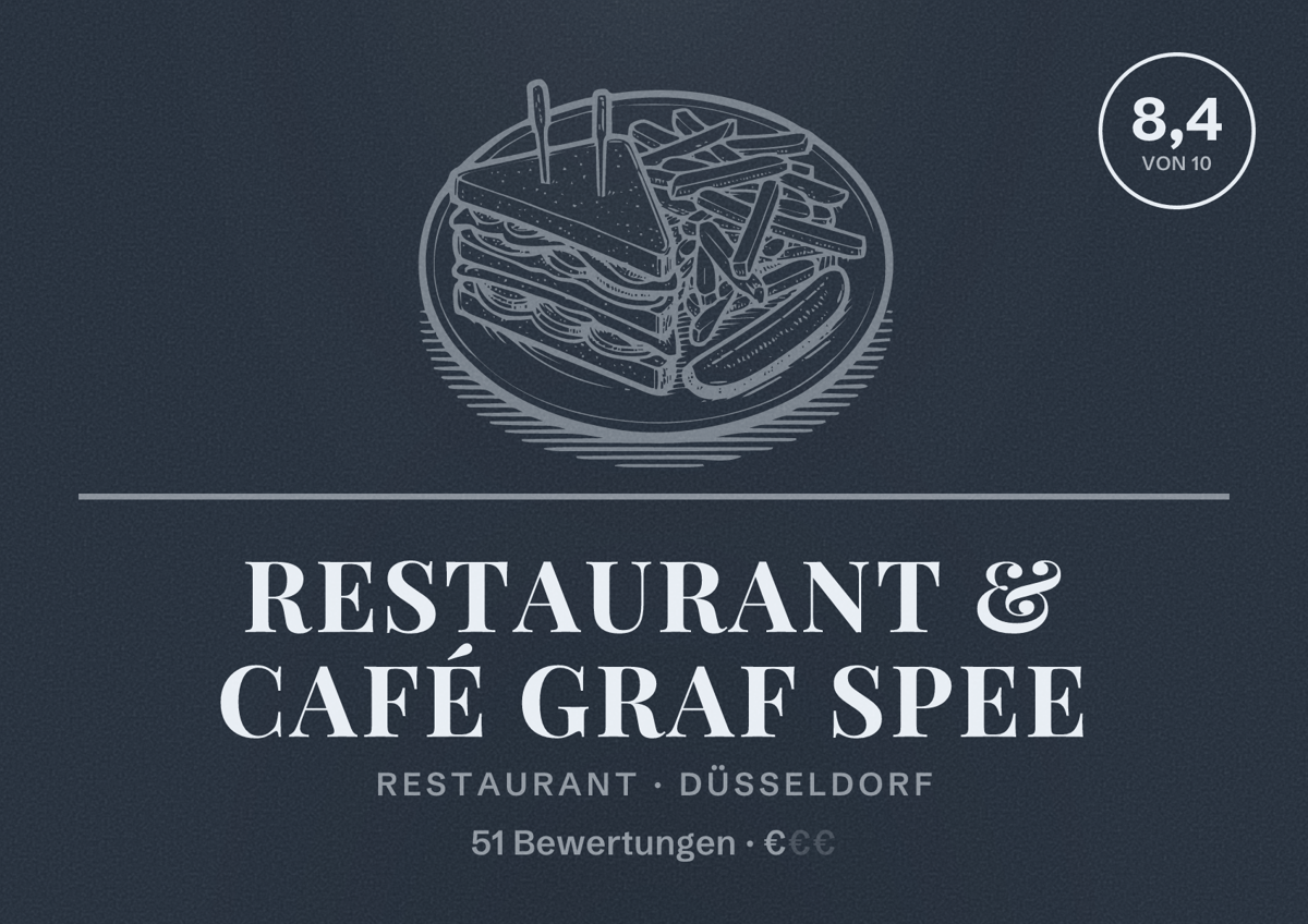 Illustriertes Poster von Restaurant & Café Graf Spee, Restaurant in Düsseldorf: Bewertung 8,4 von 10 aus 51 Bewertungen, Preisniveau €