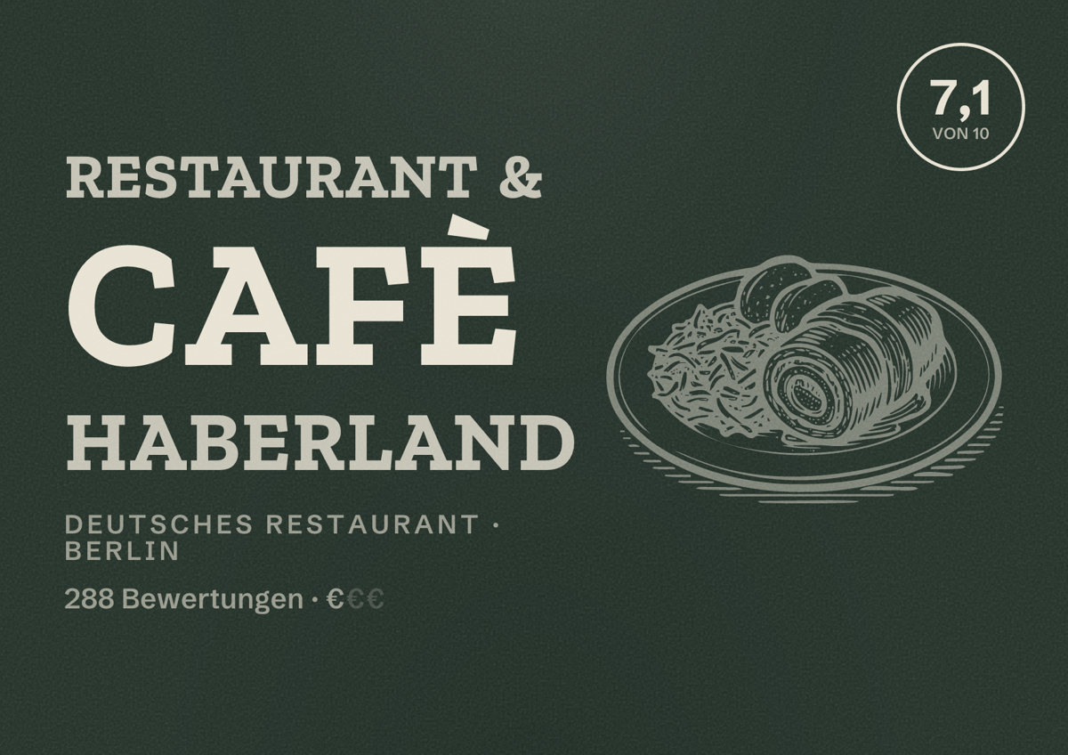 Illustriertes Poster von Restaurant & Cafè Haberland, Deutsches Restaurant in Berlin: Bewertung 7,1 von 10 aus 288 Bewertungen, Preisniveau €