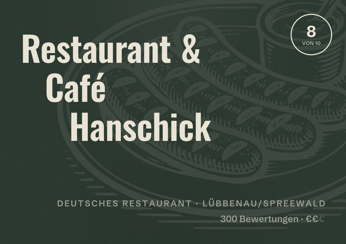 Illustriertes Poster von Restaurant & Café Hanschick, Deutsches Restaurant in Lübbenau/Spreewald: Bewertung 8 von 10 aus 300 Bewertungen, Preisniveau €€