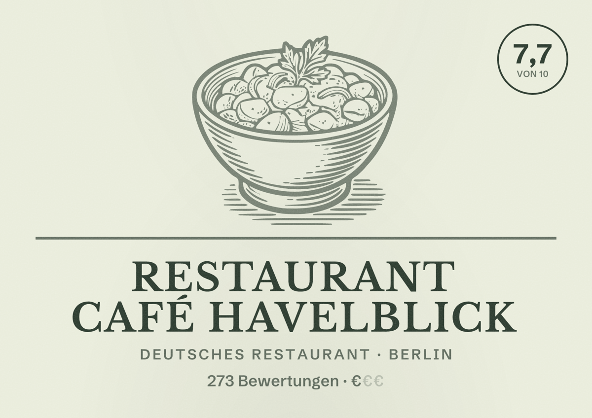 Illustriertes Poster von Restaurant Café Havelblick, Deutsches Restaurant in Berlin: Bewertung 7,7 von 10 aus 273 Bewertungen, Preisniveau €