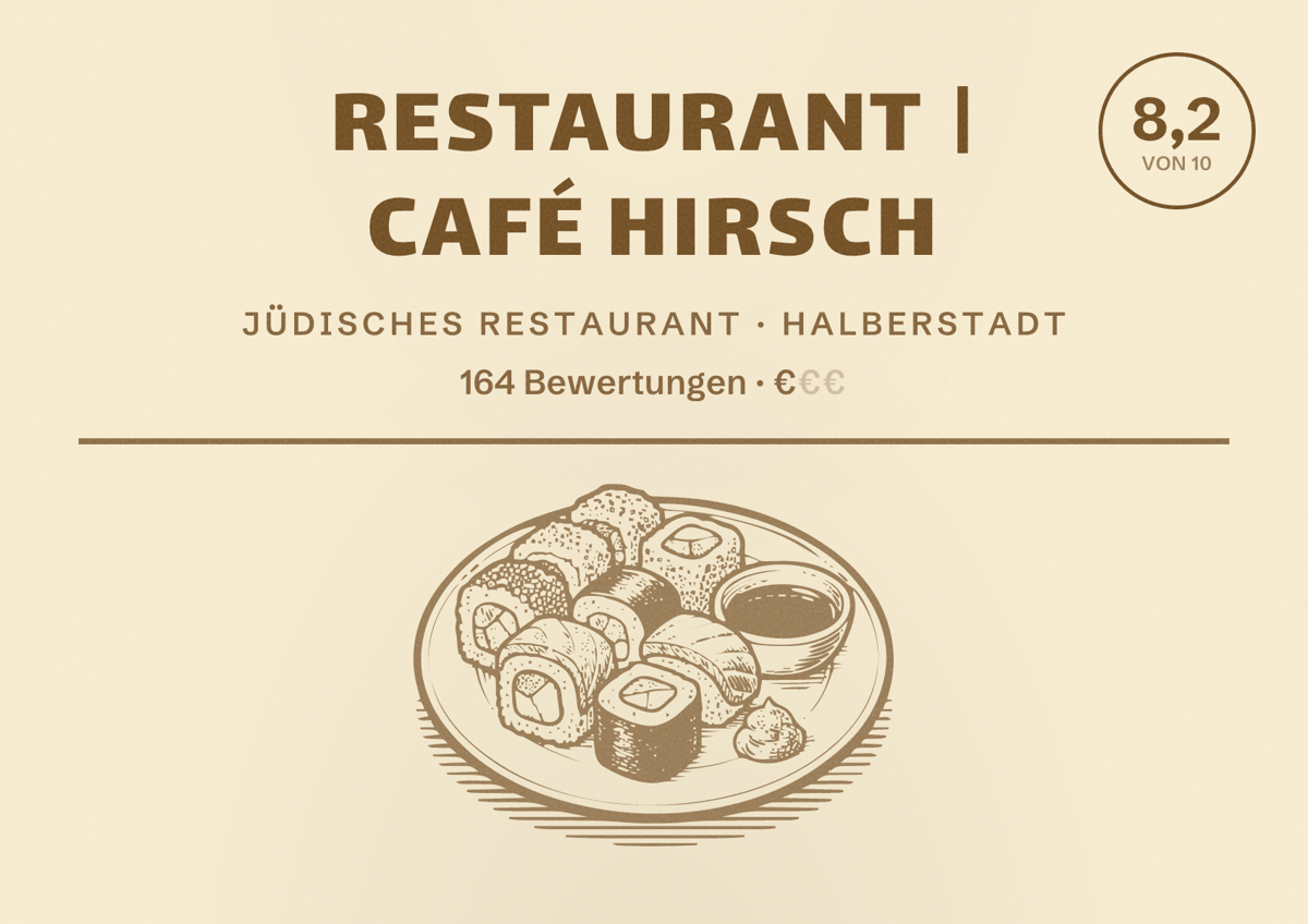 Illustriertes Poster von Restaurant | Café Hirsch, Jüdisches Restaurant in Halberstadt: Bewertung 8,2 von 10 aus 164 Bewertungen, Preisniveau €