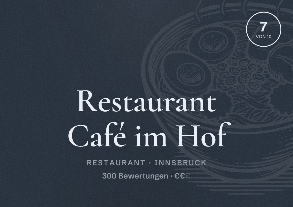 Illustriertes Poster von Restaurant Café im Hof, Restaurant in Innsbruck: Bewertung 7 von 10 aus 300 Bewertungen, Preisniveau €€