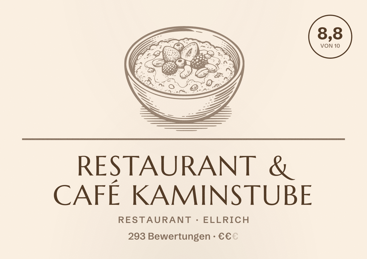 Illustriertes Poster von Restaurant & Café Kaminstube, Restaurant in Ellrich: Bewertung 8,8 von 10 aus 293 Bewertungen, Preisniveau €€