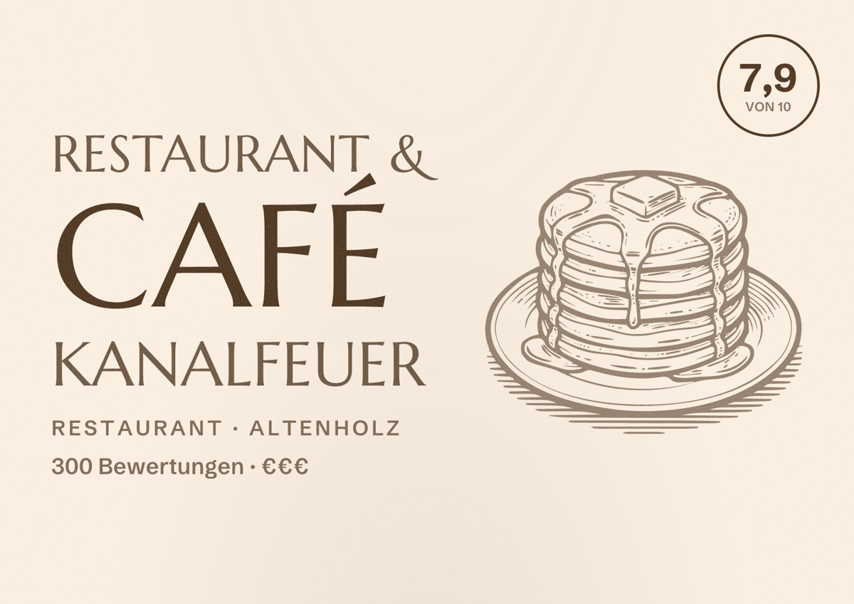 Illustriertes Poster von Restaurant & Café Kanalfeuer, Restaurant in Altenholz: Bewertung 7,9 von 10 aus 300 Bewertungen, Preisniveau €€€