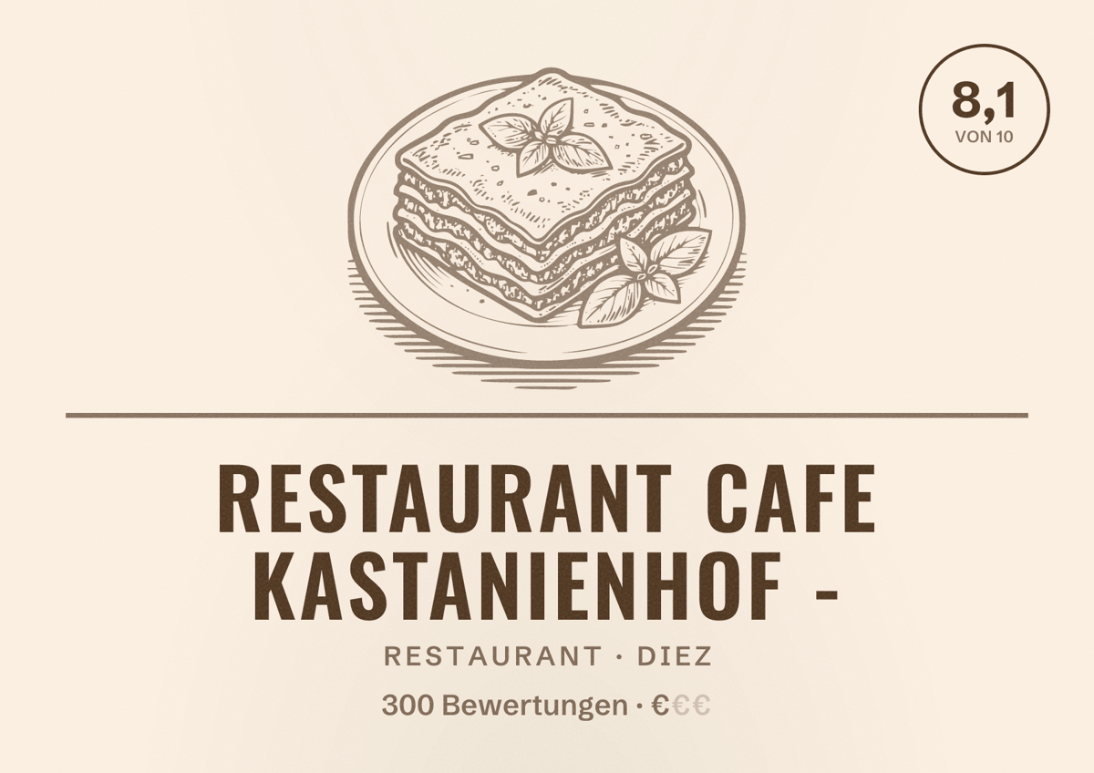 Illustriertes Poster von Restaurant Cafe Kastanienhof -, Restaurant in Diez: Bewertung 8,1 von 10 aus 300 Bewertungen, Preisniveau €